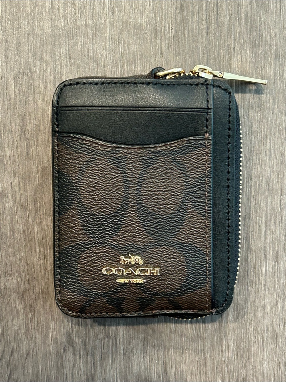 Coach Brown & Black Signature Zip Card Holder with Gold Logo